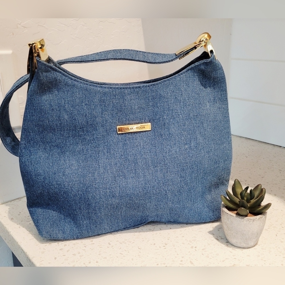 NWOT San Remo Italia Moda Denim Hobo Bag with Gold Accents